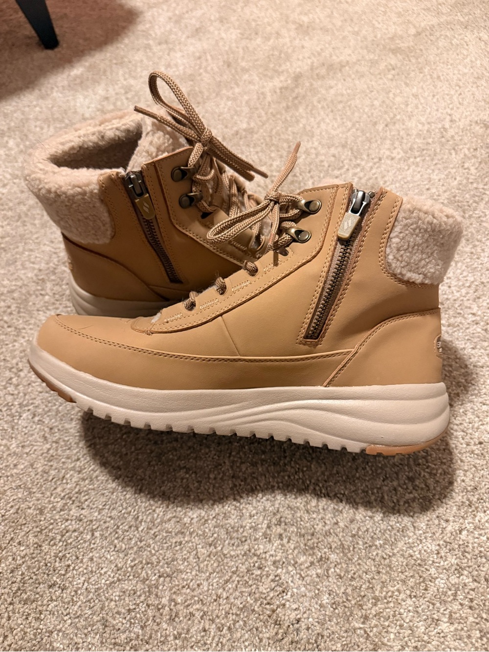 Skechers Women's Tan Lace-Up Insulated Winter Boots with Side Zipper
